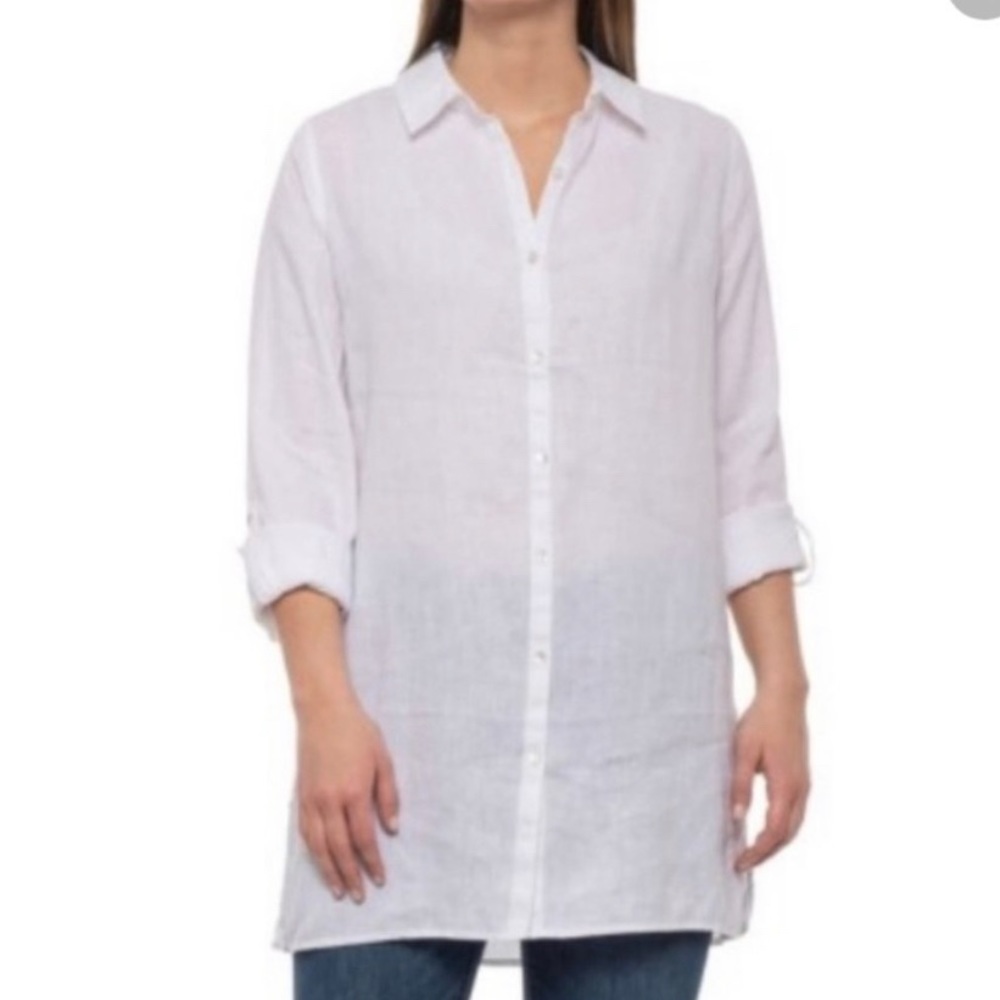 Sigrid Olsen White Linen Double Button Down 3/4 Sleeve Size M